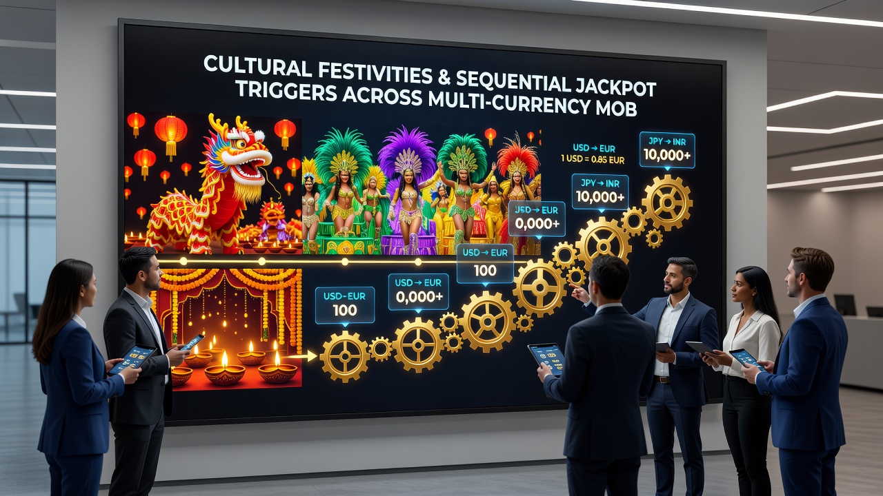 Cross-section view of mobile jackpot system architecture with currency conversion layers highlighted
