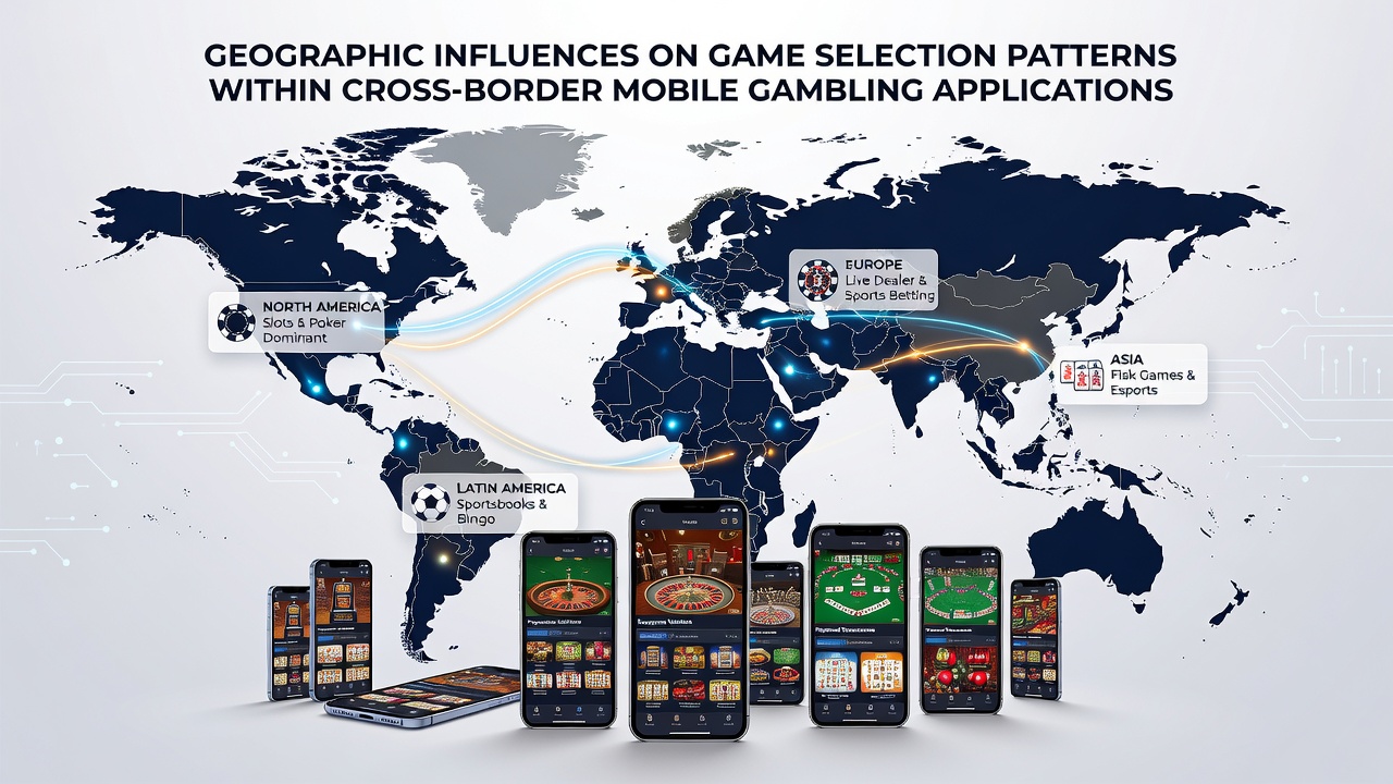 Infographic displaying cross-border mobile gambling statistics and regional game type distributions from 2026 data