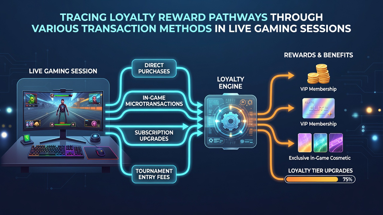 Flowchart illustrating how loyalty points move from transaction confirmation to player accounts during live gaming sessions